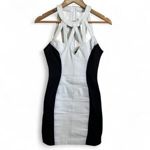 Wilsons Leather Two Tone Black White Mini Dress XS Genuine Leather Halter Cutout